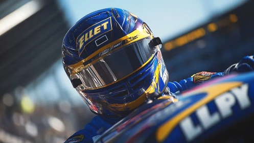 Shallow-depth motorsport portrait with dynamic helmet focus.