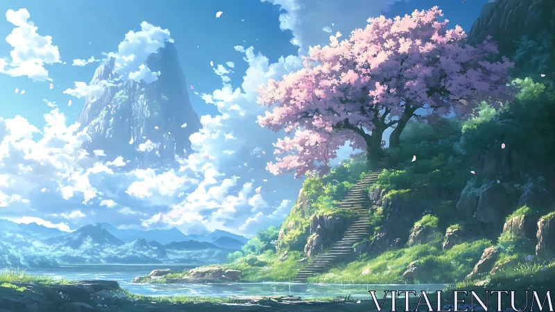 Mountain landscape with cherry tree beside stone stairway.