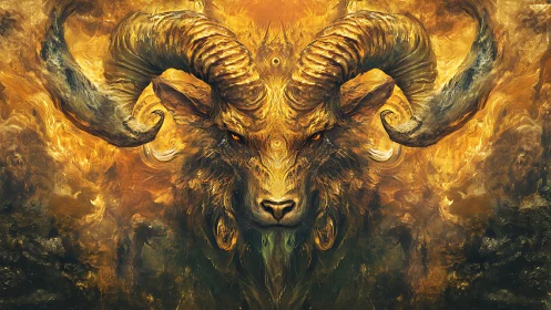Horned ram head in symmetrical fiery abstract design.