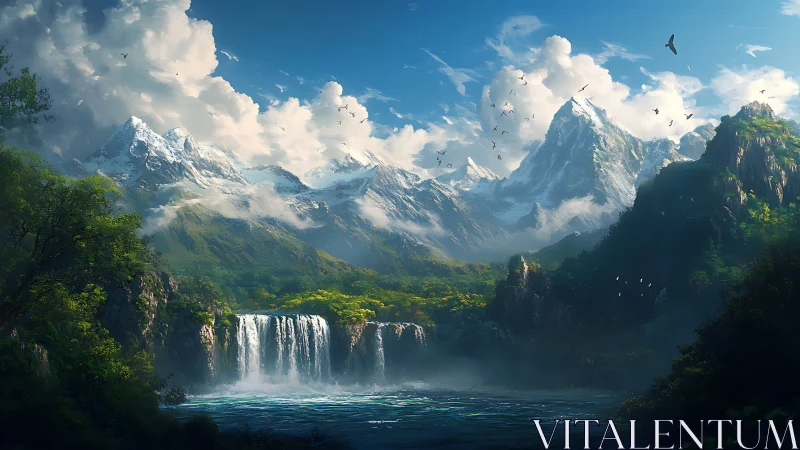 Mountain range with waterfall and forested valley panorama.