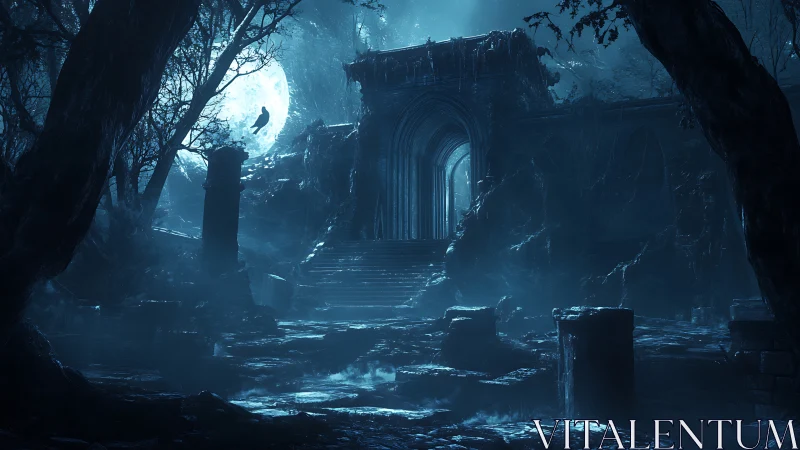 Moonlit ruins beckon with misty arches and silent mystery