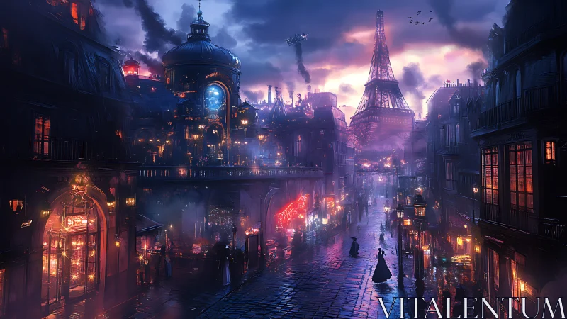 Steampunk Paris boulevard under neon clouds and smokestacks.