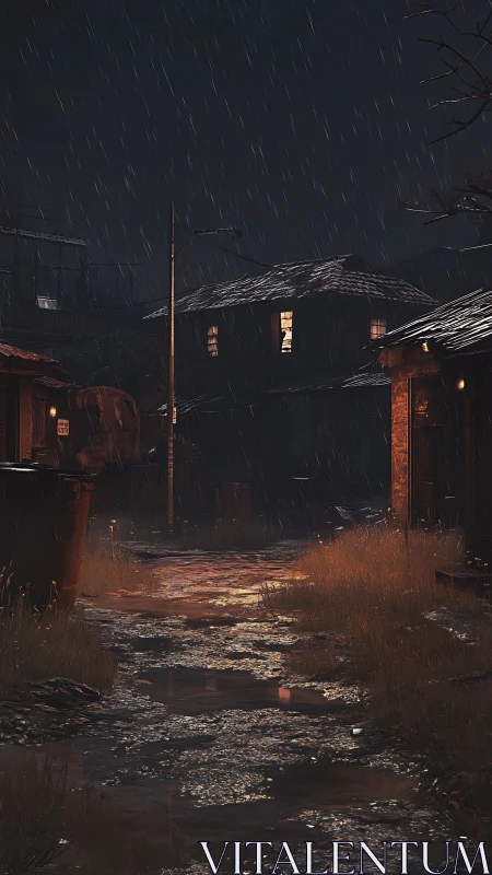 Rain falls on narrow alley with wet ground and dim houses