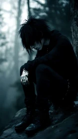 Solitary emo figure sits on wet rock in misty forest