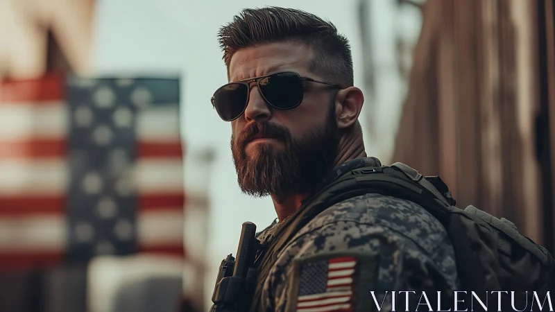 Bearded soldier in tactical gear stands before blurred US flag
