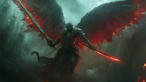 Dark seraph warrior in apocalyptic dual-blade composition.