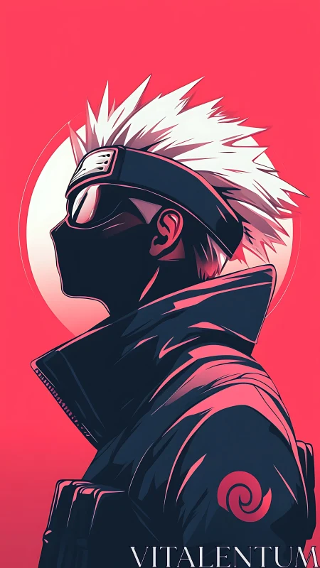 Masked anime ninja profile under neon pink moon.