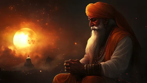 Elderly sage in saffron robes meditates under burning sun.