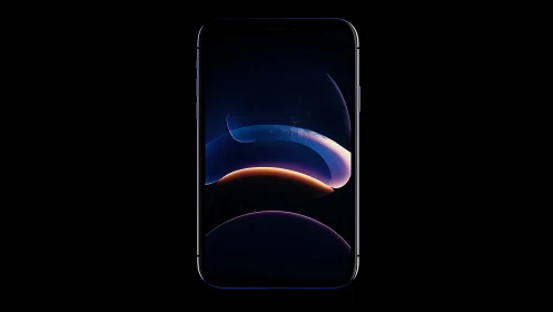Smartphone displaying luminous abstract forms curved through dark space