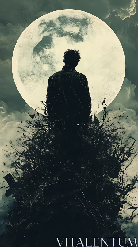 Backlit silhouette before full moon with erupting shadow debris