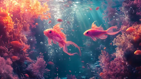 Goldfish swimming among coral in stylized underwater scene.