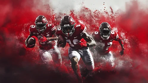 Three red uniformed football players in dynamic motion.