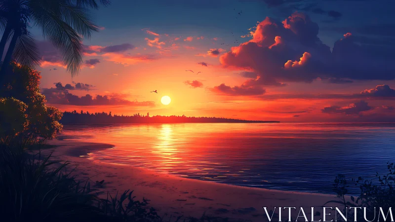 Sunset illuminates tropical shoreline with reflective water