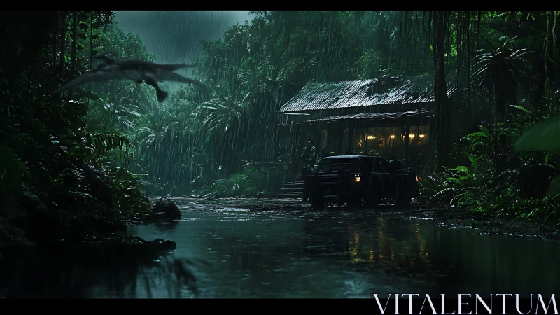 Deep jungle encampment rendered with atmospheric rain and cinematic lighting.