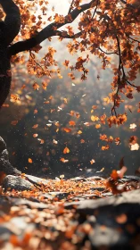 Autumn leaves spiral through backlit forest air in shallow focus
