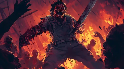 Chainsaw-wielding berserker amid infernal zombie onslaught.