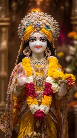 Bejeweled Hindu deity statue garlanded in radiant marigolds.