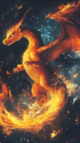 Blazing fire dragon surges through embers in a cosmic night