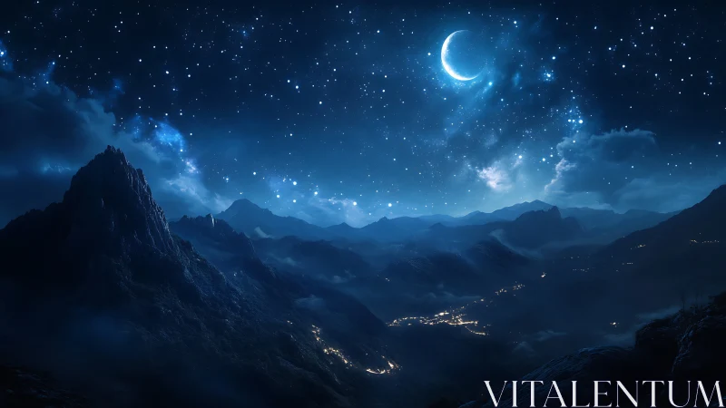 Crescent moon illuminates misty mountain valley under starfield