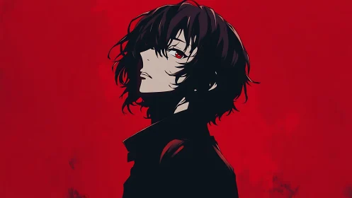 Brooding red‑eyed anime figure against stark crimson field.