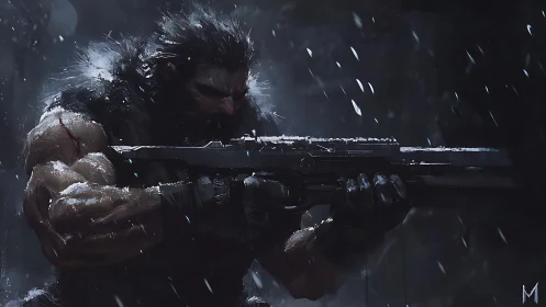 Armored sniper advances through blizzard in dynamic chiaroscuro