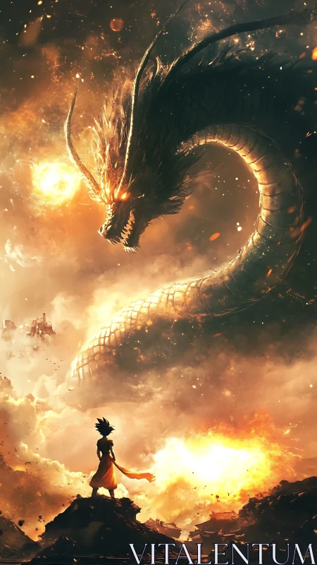 Fiery sky dragon coils above a lone warrior’s daring stand