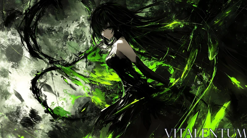 Dark anime sorceress with neon green energy tendrils unleashed