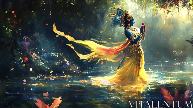 Divine blue figure walks through radiant enchanted waters.