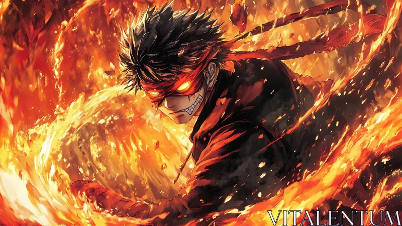 Masked figure controls surrounding flames in dynamic motion