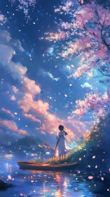 Moonlit river dreamer under drifting sakura confetti.