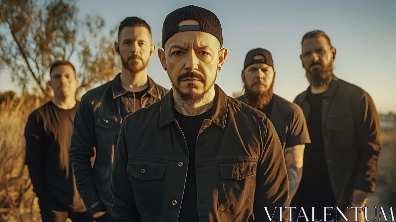 Rock band stands in golden hour field under warm sunlight