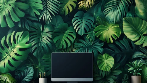 Workspace monitor against dense tropical leaf backdrop.