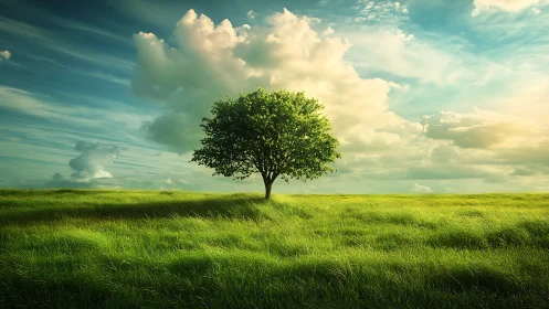 Lone green tree in sunlit field, dramatic sky, digital art style.
