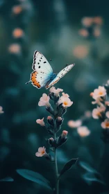 Butterfly on pastel blossoms under teal bokeh light field.