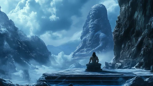 Solitary figure faces monumental seated statue in icy canyon
