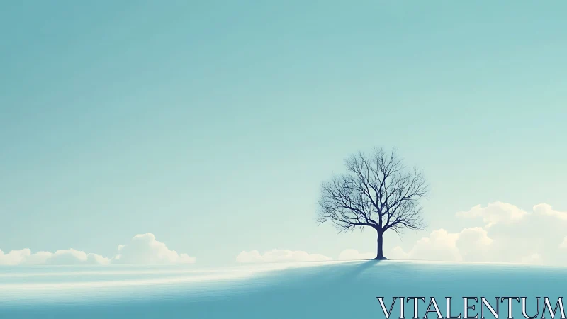 Lone tree on snowy hill under pastel sky, minimalist landscape.