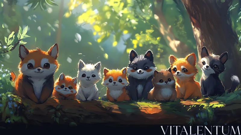 Row of cute fox and raccoon pups on sunlit forest log.