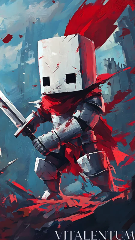 Block-headed armored figure holds sword in stylized landscape