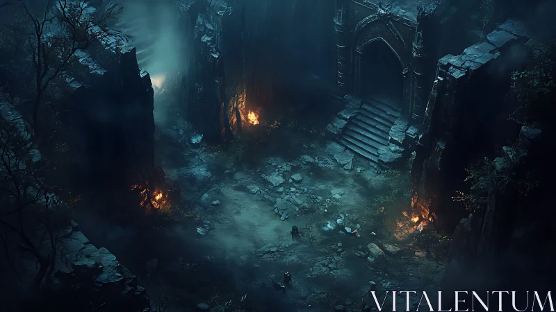 Mysterious ruined gateway glows softly in a foggy forest hollow