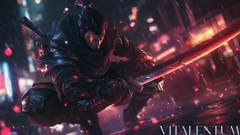 Shadowed cyber samurai kneels in neon rain, blade glowing bright