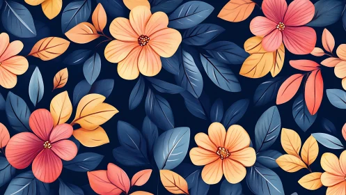 Blooming Garden Dance With Warm Peachy Florals and Navy Leaves