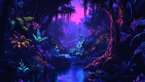 Neon-lit jungle waterfall scene shows stylized tropical vegetation