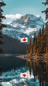 Canadian flag over alpine lake beneath snowcapped mountain