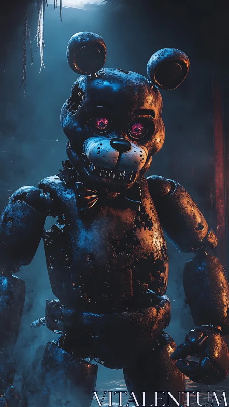 Rust-bitten robot bear waits under cold warehouse spotlight