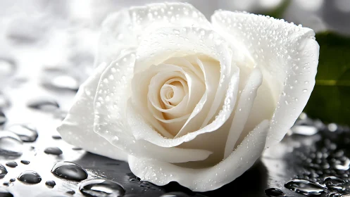 Ivory Rose with Dewdrops on Black Pebble Surface