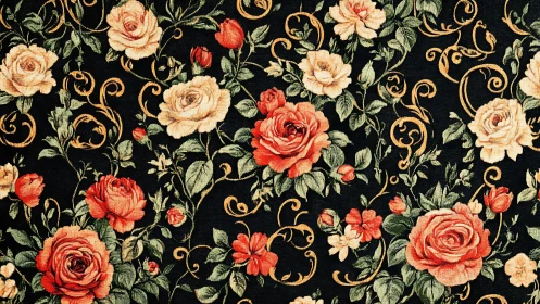 Ornate midnight rose tapestry with baroque golden curls.