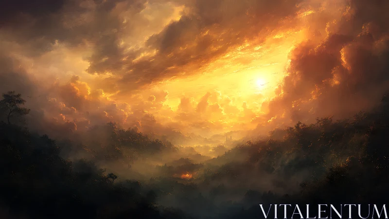 Storm-torn heavens melt into an ember-lit valley dream