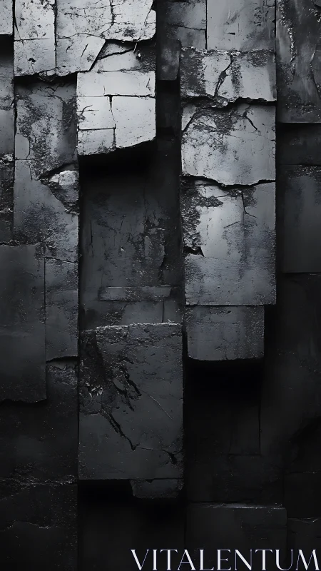 Stacked dark concrete blocks form cracked geometric wall