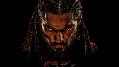 Intense warrior portrait glows in dramatic ember light.