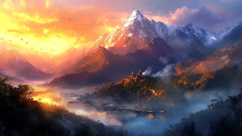 Sunlit mountain temple cradled by glowing river mists.